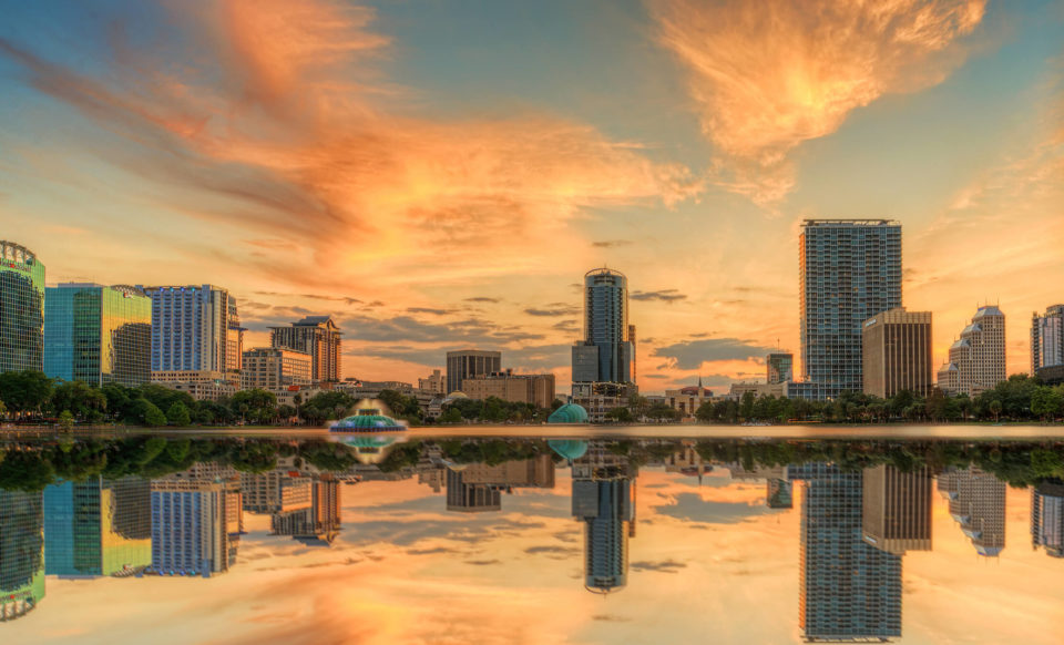 Orlando, FL skyline at sunset